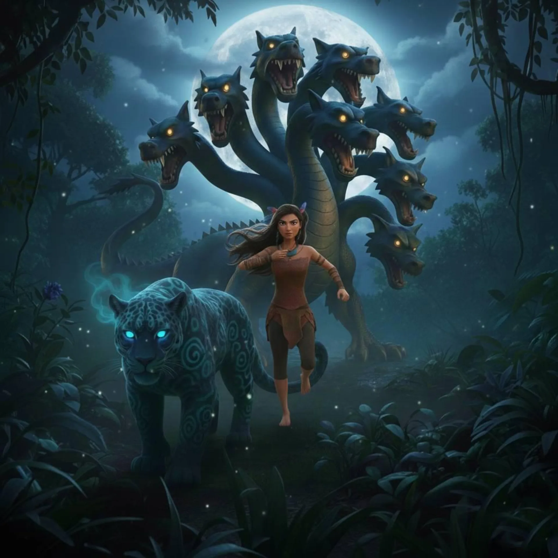 A young Guaraní girl flanked by a spectral jaguar and a many-headed serpent