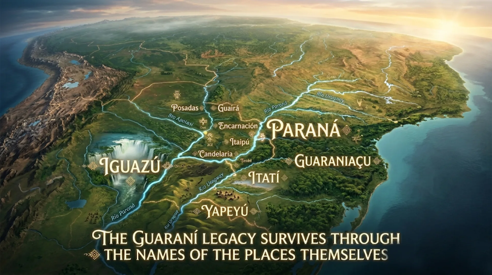 Illustrated map showing Iguazú, Paraná, Itatí, Guaraniaçu and Yapeyú