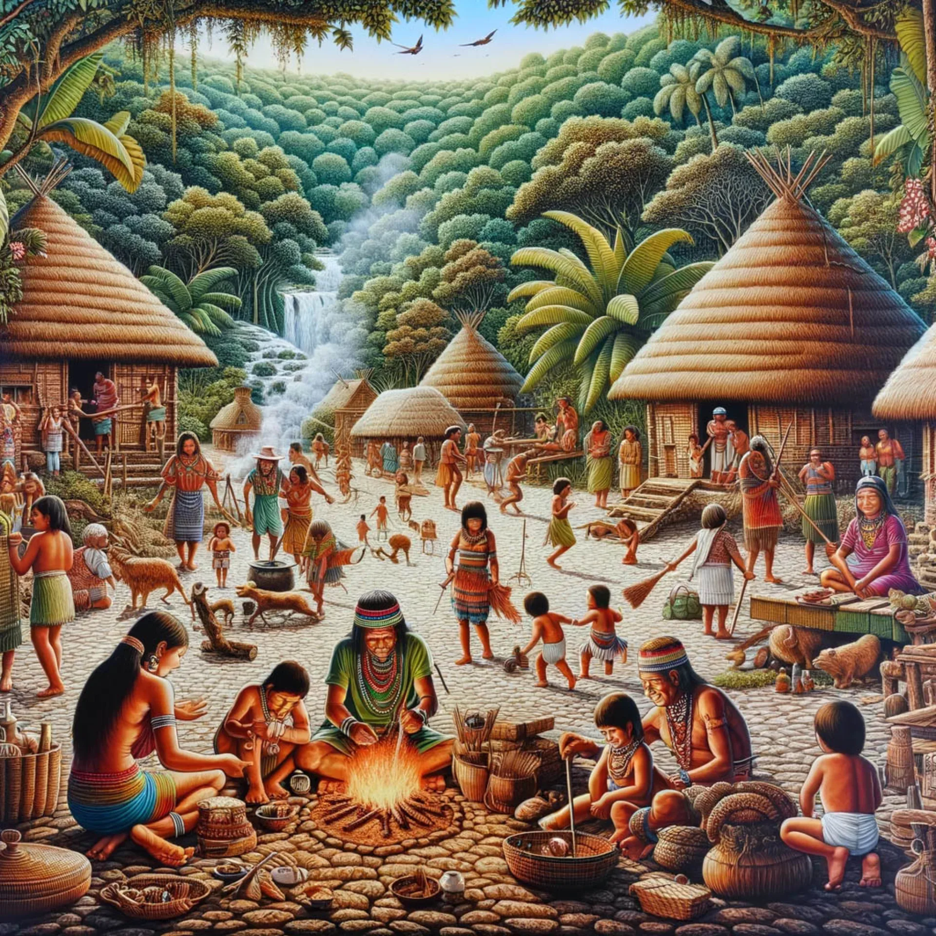 Illustrated Guaraní village life by a forest waterfall